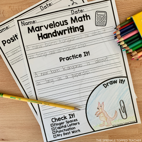 Student handwriting worksheets with fun fact " a newborn kangaroo is about as long as a paperclip"