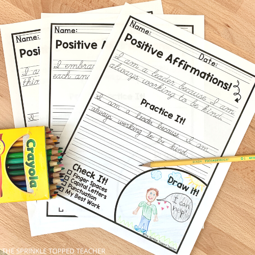 Cursive handwriting worksheet titled "positive affirmations", student drawing of a person saying "I can help!"