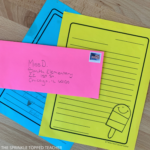 Student addressed a letter for their pen pal as a summer end of the year gift
