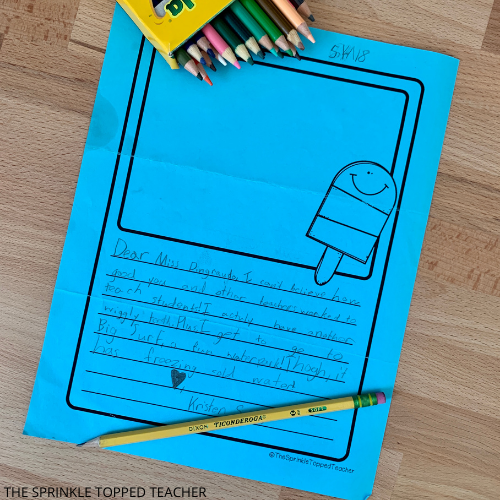 Blue paper with handwritten letter from a student