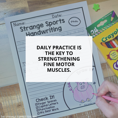 "Daily practice is the key to strengthening fine motor muscles" with image of handwriting worksheet in background