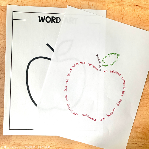 Idea for improving kids' handwriting - creating word art. Image of apple on paper made of words