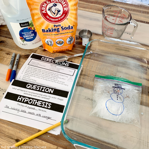 Materials needed for Exploding Snowman Science Experiment - Baking Soda, Markers, vinegar, baggy