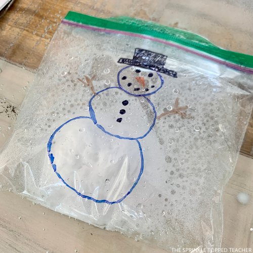 Sample baggy of exploding snowman science experiment with plastic bag an snowman drawn on