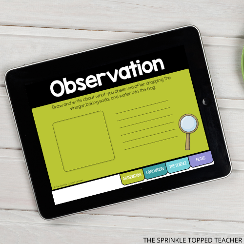 Ipad with "observation" workbook page from winter science lesson