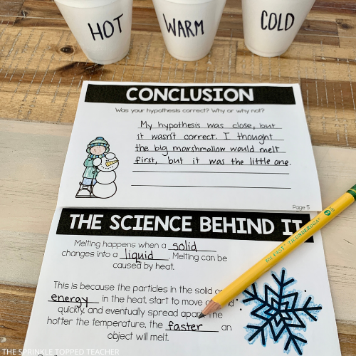 Student science booklet with hot chocolate experiment facts