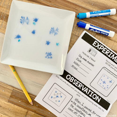 Snowflakes blown around with water and dry erase notebook as well as student scientific method notebook