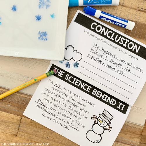 winter science experiments for kids notebook with scientific method and plate with dry erase marker snowflakes