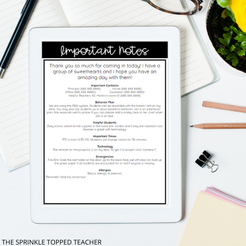 substitute teacher lesson plan template left on teacher's desk