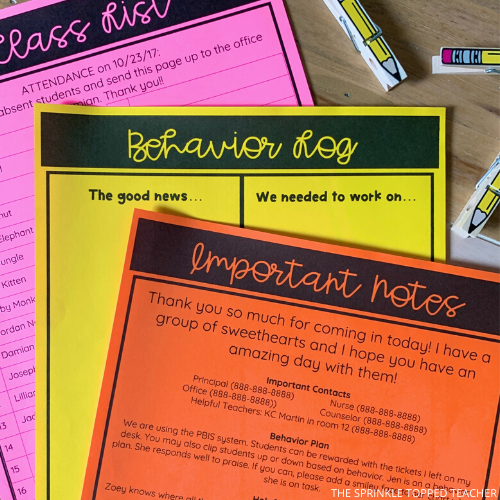 Sub plan template left on teacher desk in brightly colored paper