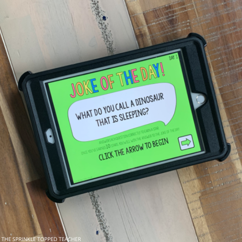ipad with a joke of the day: what do you call a dinosaur that is sleeping?