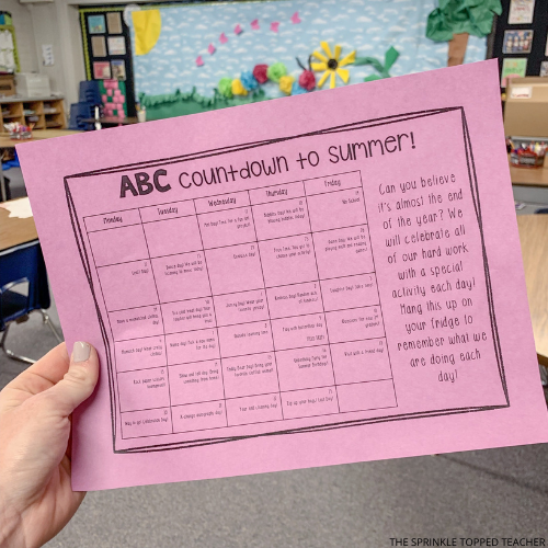 abc countdown to summer activity on purple paper being held up in classroom