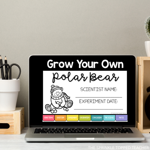 Computer with Google Slides science experiment. Text says Grow your own polar bear