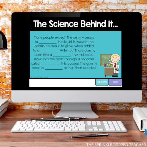 computer screen with "the science behind it" typed onto screen for gummy bear science