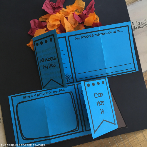 Student's Father's Day project with blue paper opened up