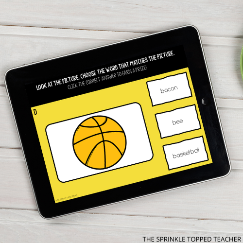 Ipad with a sight word practice activity identifying the word basketball