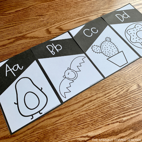 simple classroom alphabet posters in black and white