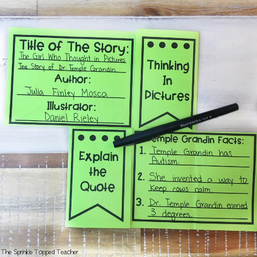 Student activity on Autism awareness, using the book The Girl Who Thought in Pictures