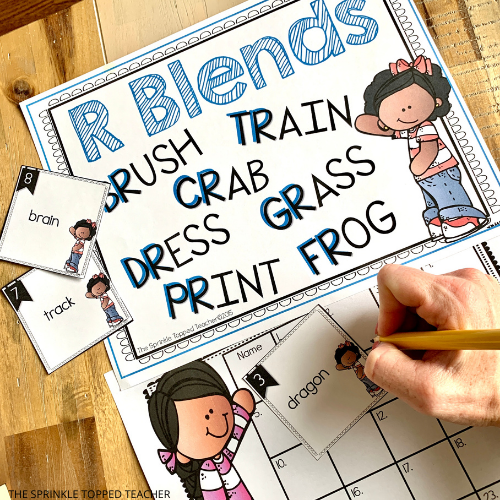 beginning blends anchor chart and centers activity, anchor chart is for r blends