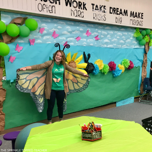 teacher dressed in butterfly costume for a life cycle activity