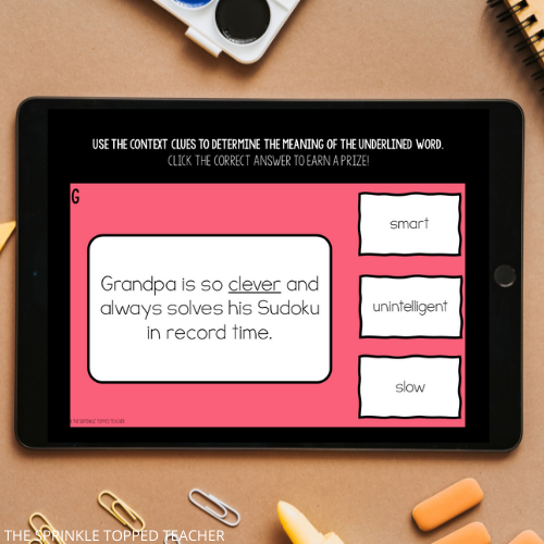 3rd Grade Context Clues activity on ipad. Pink slide