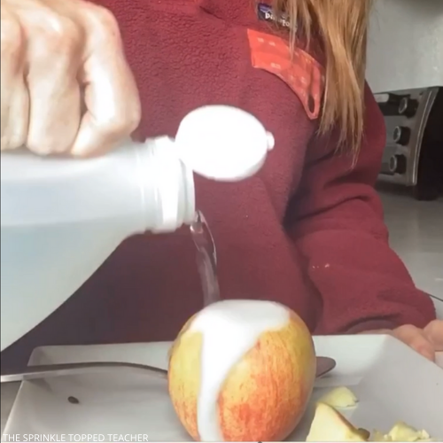 teacher pouring vinegar into an apple for a volcano science experiment 