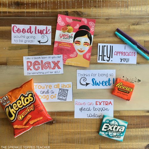 Student teacher gifts with cheetos, reeses, gum, pens