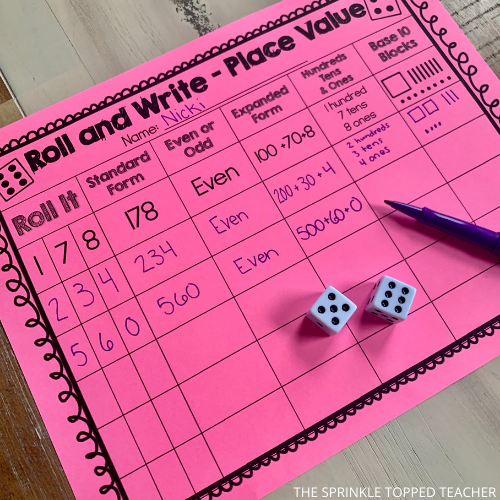 Pink place value dice game with standard form, even and odd, expanded form