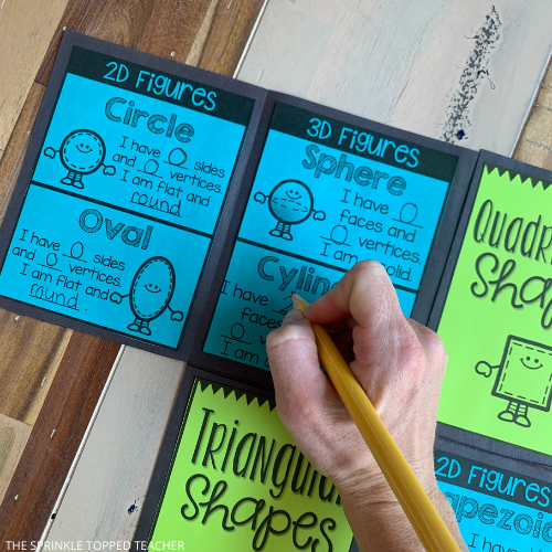 Blue and green foldable being opened by a hand. The second grade geometry foldable is sectioned into four parts: circular shapes, quadrilateral shapes, triangular shapes, and other shapes. This image features the circular shapes and a hand writing in pencil.
