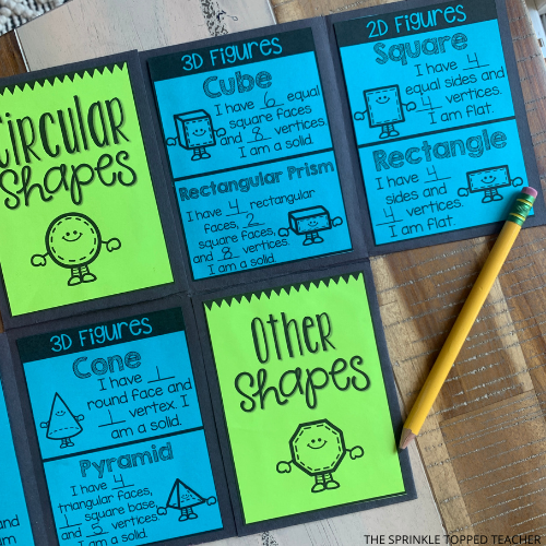 Blue and green foldable being opened by a hand. The second grade geometry foldable is sectioned into four parts: circular shapes, quadrilateral shapes, triangular shapes, and other shapes. A student pencil is shown.