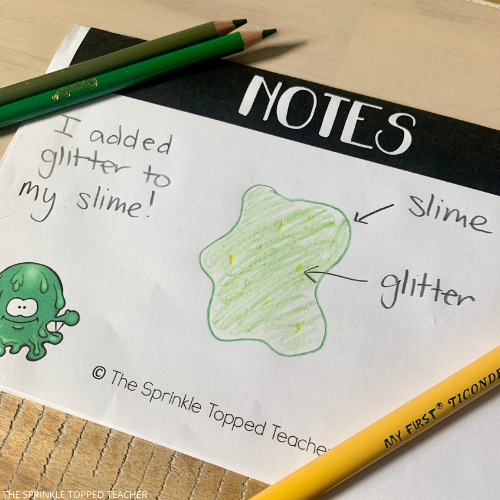 Notes page for how to make slime. Includes colored pencils and a student pencil to label and explain how students created their slime. Part of the fall activities for 2nd grade bundle.
