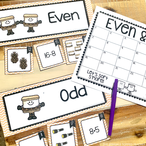 Even and odd s'more game with recording sheet and laminated examples of even and odd images. Images include s'mores, pinecones and flashlights. Part of the fall activities for 2nd grade.