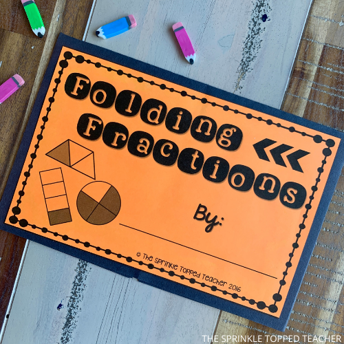 Orange half sheet that is titled Folding Fractions with a picture of a trapezoid, circle and rectangle broken into sections.
