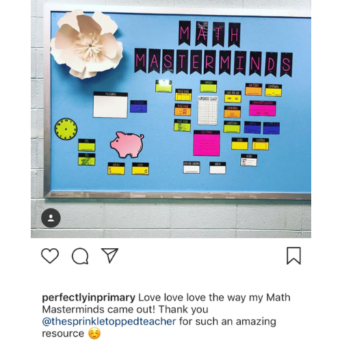 Math Masterminds bulletin board displaying the 2nd Grade Math Warm Up and all its elements. Includes time, piggy bank, money, measurement, numbers charts, comparing and more.