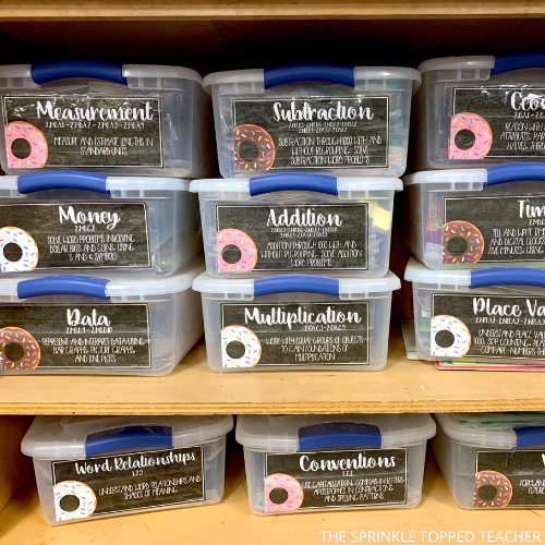 Editable Classroom Labels laminated and displayed on 9 plastic bins. The labels included are measurement, subtraction, addition, money, data, multiplication, place value and geometry. The bins have the donut labels used.