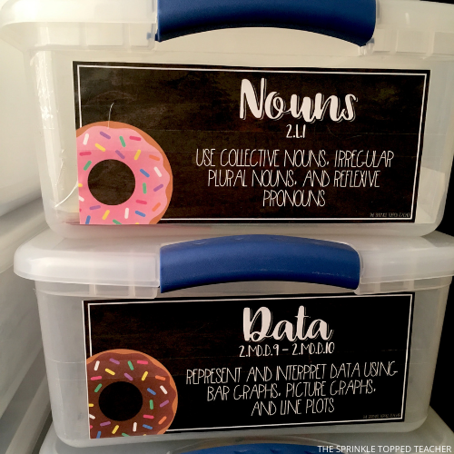 Nouns and Data Donut Editable Classroom Labels on clear plastic bins. Includes the standards for Nouns and Data.