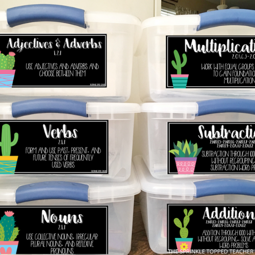 Four plastic bins with Editable cactus classroom labels featuring multiplication, subtraction, verbs, adjectives and adverbs. The cactuses are in cute colorful pots.