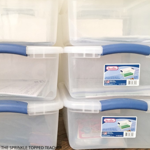 Six clear Sterilite bins that are recommended to use for the editable classroom labels.