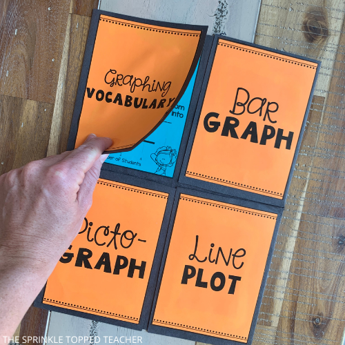 Someone is opening the first flap of the graphing for second grade foldable. The flap says graphing vocabulary and there are three other flaps titled bar graph, line plot and picto-graph.