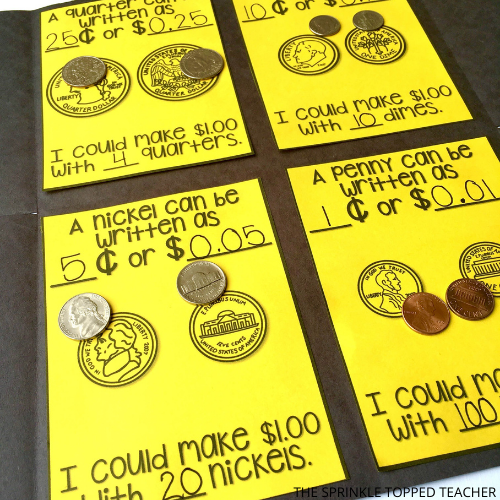 Yellow foldables from the money activity for second grade. Fill in the blank sections allow students to write how many quarters, dimes, nickels and pennies make different amounts. Actual coins are featured.