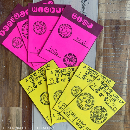 Pink and yellow foldables with the different coins and their values. The foldables show what each coin looks like on the heads and tails sides. They also feature what different amounts can be written as.