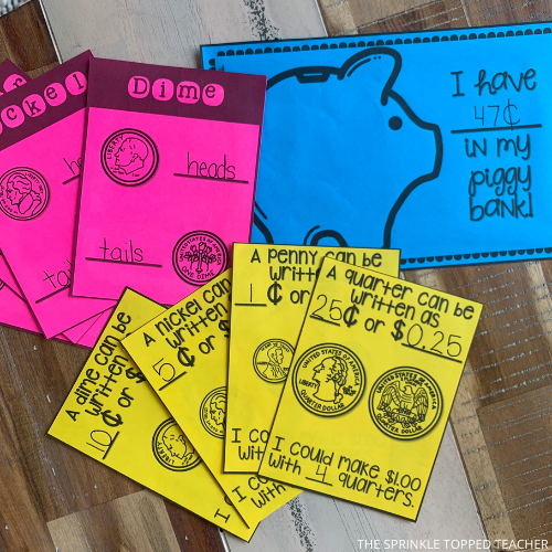 Money activity for second grade features a foldable with the different U.S. coins as well as a half page to discuss the piggy bank. Students fill in the blanks with the amount shown in coins.