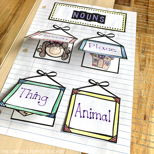 This nouns page of the interactive notebook shows some of the person, place, thing and animals flaps lifted to reveal a little girl, a house and a pencil.