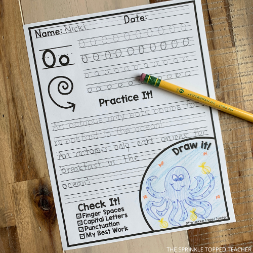 A student has completed this alphabet handwriting worksheet to practice the letter O. They have used their pencil and drawn an image of an octopus.