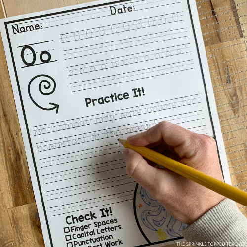 Student is completing an alphabet handwriting worksheet and working on the letter O.