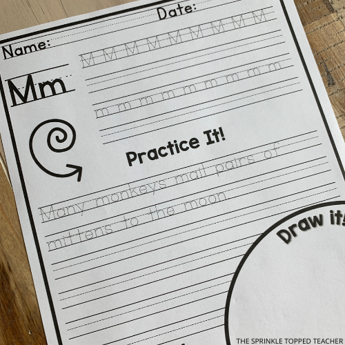 Example of an alphabet handwriting worksheet to practice the letter M.
