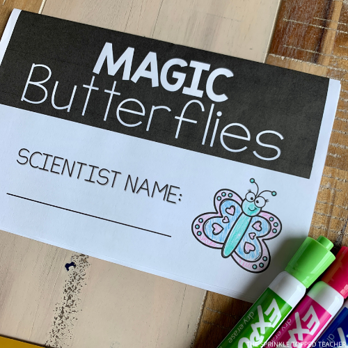 Magic butterfly science experiment activity cover page with image of butterfly and dry erase markers.