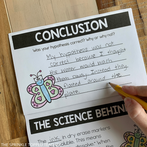 A student is writing their conclusion about the butterfly science experiment in pencil. They have colored a picture of a butterly.