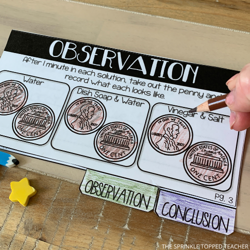 Clean a penny is one of my easy scientific method experiments kids can complete in the classroom. This student is coloring the pennies on their observation sheet.