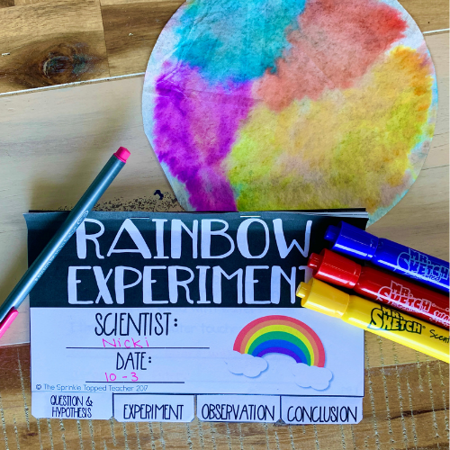 The rainbow experiment is one of the easy scientific method experiments that just needs markers and coffee filters.